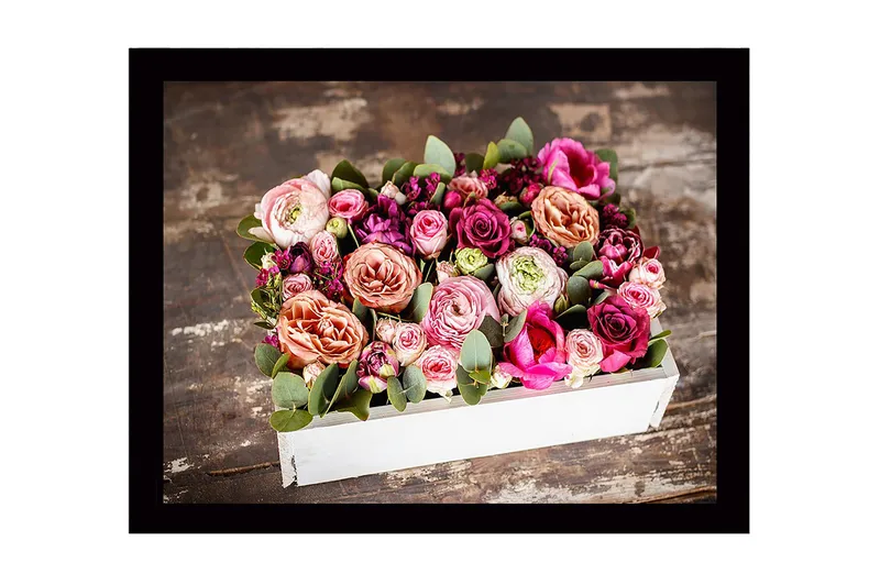 Kehystetty puupohjainen canvas - 41x56 cm - Värikäs ruusukimppu ja vihreät lehdet, Vaaleanpunainen / Violetti / Vihreä