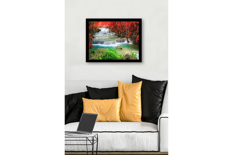 Kehystetty puutaulu canvasille - 41x56 cm - Kauniita vesiputouksia punalehtisen kasvillisuuden ympäröimänä - Punainen / Vihreä / Turkoosi - Sisustustuotteet - Taulu & taide