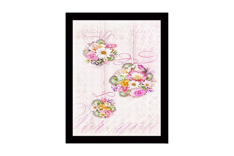 Kehystetty puutaulu canvasille - 41x56 cm - Roikkuvat pastelliväriset kukkakimput, Vaaleanpunainen / Vihreä / Keltainen