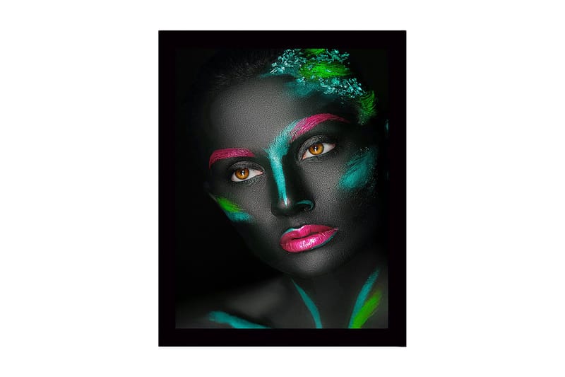 Kehystetty puutaulu canvasille - 41x56 cm - Kasvot värikkäällä kasvomaalauksella kontrastiväreissä, Musta / Vihreä / Vaaleanpunainen