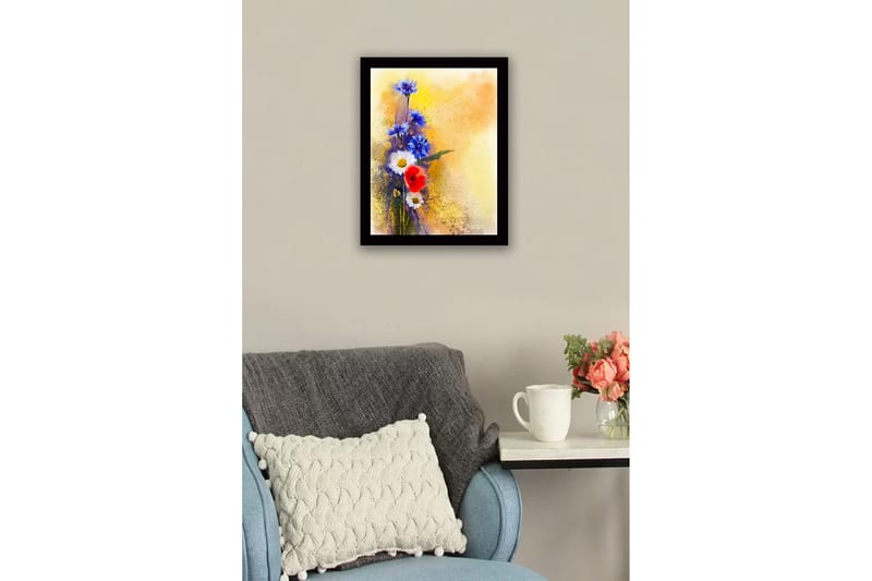 Kehystetty puutaulu canvasille - 41x56 cm - Värikäs kukkakimppu sinisillä ja punaisilla elementeillä - Sininen / Punainen / Valkoinen - Sisustustuotteet - Taulu & taide