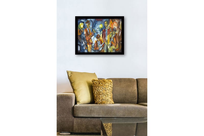 Kehystetty puucanvas - 41x56 cm - Musiikkiesitys neljän värikkäissä vaatteissa olevan muusikon kanssa - Tummansininen / Oranssi / Keltainen - Sisustustuotteet - Taulu & taide