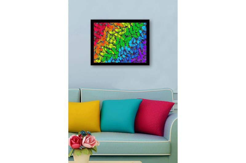 Kehystetty puukangas - 41x56 cm - Värikäs kokoelma perhosia eri sävyissä - Vihreä / Sininen / Punainen - Sisustustuotteet - Taulu & taide