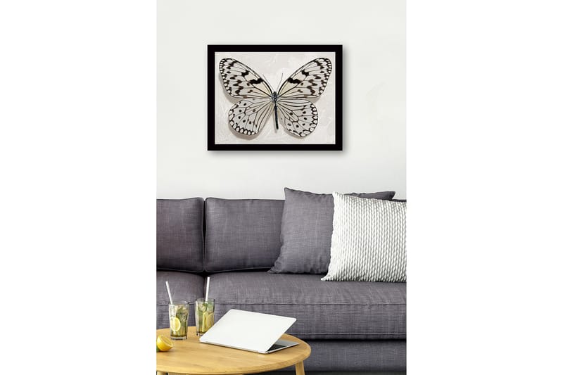 Kehystetty puutaulu canvasille - 41x56 cm - Kaunis perhonen yksityiskohtaisilla mustavalkoinen kuvioilla - Valkoinen / Musta - Sisustustuotteet - Taulu & taide