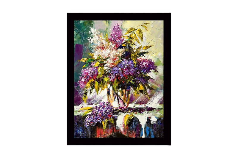 Kehystetty puutaulu canvasille - 41x56 cm - Värikäs kukkakimppu maljakossa, Violetti / Vihreä / Valkoinen