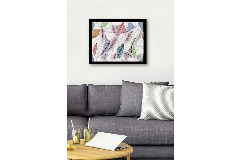 Kehystetty puupohja - 41x56 cm - Värikkäät lehdet harmonisessa sommitelmassa - Vihreä / Vaaleanpunainen / Sininen - Sisustustuotteet - Taulu & taide