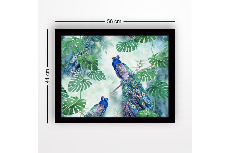 Kehystetty puutaulu canvasille - 41x56 cm - Värikkäitä riikinkukkoja trooppisten kasvien ympäröimänä - Vihreä / Sininen / Turkoosi - Sisustustuotteet - Taulu & taide