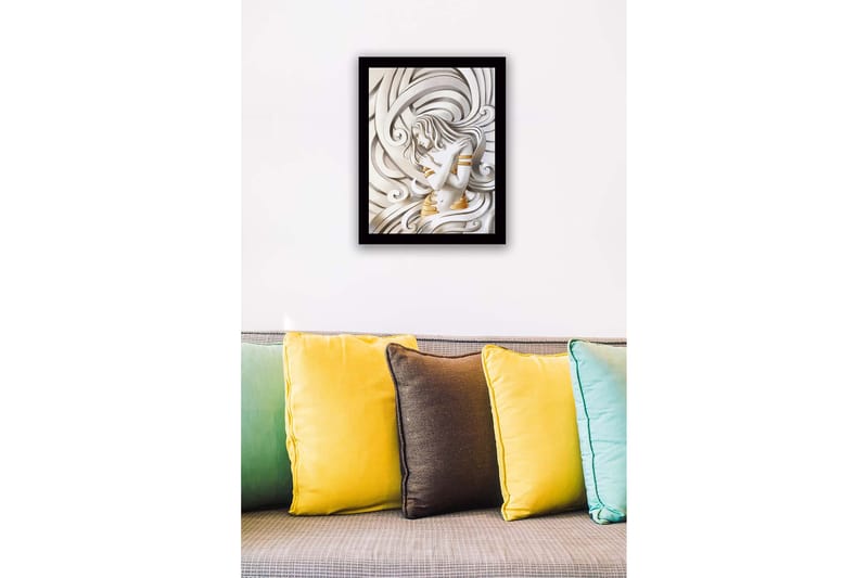 Kehystetty puutaulu canvasille - 41x56 cm - Elegantti nainen huojuvien linjojen ympäröimänä - Valkoinen / Kulta / Harmaa - Sisustustuotteet - Taulu & taide