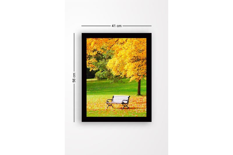 Kehystetty puinen canvas-taulu - 41x56 cm - Kaunis puistonpenkki kultaisten syksyn lehtien ympäröimänä - Kulta / Vihreä / Musta - Sisustustuotteet - Taulu & taide
