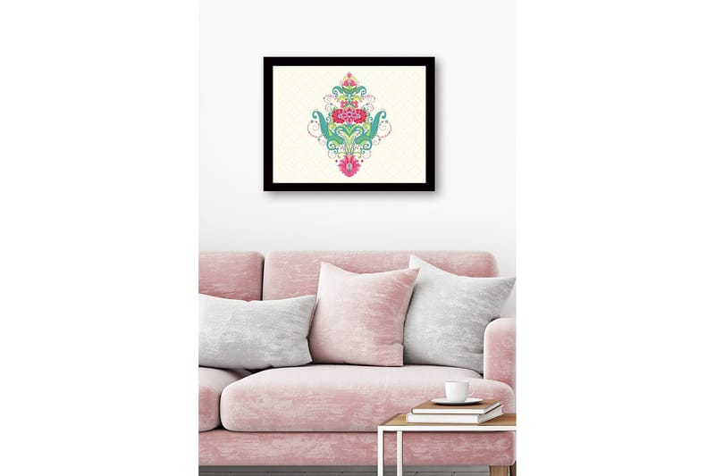 Kehystetty puutaulu canvasille - 41x56 cm - Värikäs kukkakuosi spiraaleilla ja koristeellisilla yksityiskohdilla - Vihreä / Vaaleanpunainen / Turkoosi - Sisustustuotteet - Taulu & taide