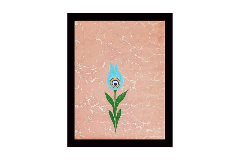 Kehystetty puukangas - 41x56 cm - Kukka sinisillä terälehdillä ja vihreällä varrella, Sininen / Vihreä / Vaaleanpunainen