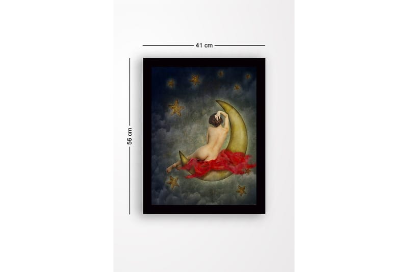Kehystetty puutaulu canvas-taululla - 41x56 cm - Alaston nainen lepää kuunsirpin päällä tähtien ympäröimänä - Kulta / Punainen / Harmaa - Sisustustuotteet - Taulu & taide