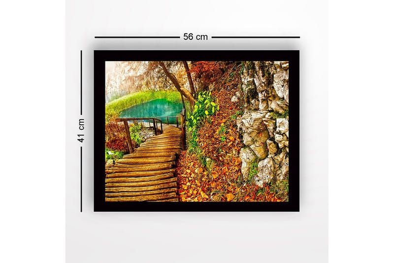 Kehystetty puinen canvas-taulu - 41x56 cm - Kaunis metsäpolku kirkkaan järven rannalla syksyn väreissä - Vihreä / Oranssi / Ruskea - Sisustustuotteet - Taulu & taide