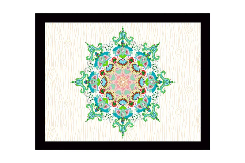 Kehystetty puupohjainen canvas - 41x56 cm - Värikäs mandala monimutkaisilla kuvioilla, Vihreä / Vaaleanpunainen / Sininen