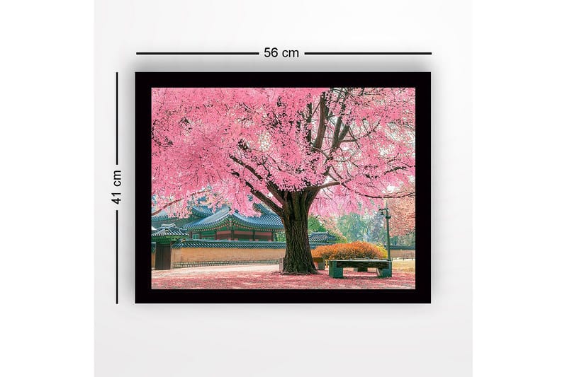 Kehystetty puutaulu canvasille - 41x56 cm - Kukkivia kirsikkapuita kauniissa puistoympäristössä - Vaaleanpunainen / Vihreä / Ruskea - Sisustustuotteet - Taulu & taide