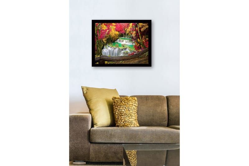 Kehystetty puutaulu canvasille - 41x56 cm - Kaunis vesiputous ympäröivillä syksyn väreillä - Punainen / Keltainen / Turkoosi - Sisustustuotteet - Taulu & taide