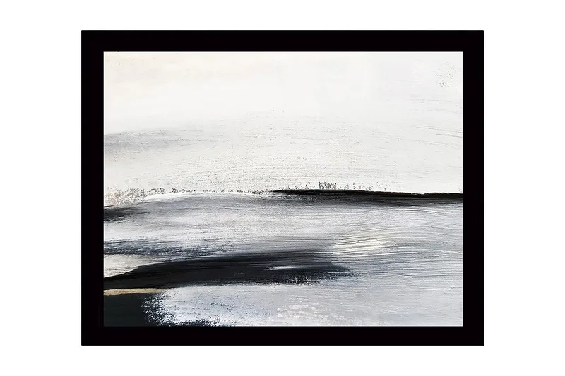 Kehystetty puukangas - 41x56 cm - Abstrakti maisema pehmeillä, laajoilla linjoilla, Valkoinen / Musta / Harmaa