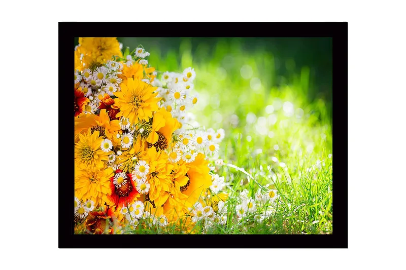Kehystetty puutaulu canvasille - 41x56 cm - Värikäs kelta-valkoinen kukkakimppu, Keltainen / Valkoinen