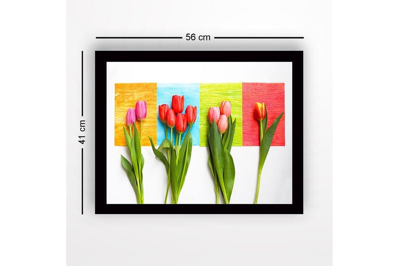 Kehystetty puutaulu canvasille - 41x56 cm - Värikäs tulppaanikimppu eloisaa taustaa vasten - Punainen / Vaaleanpunainen / Vihreä - Sisustustuotteet - Taulu & taide