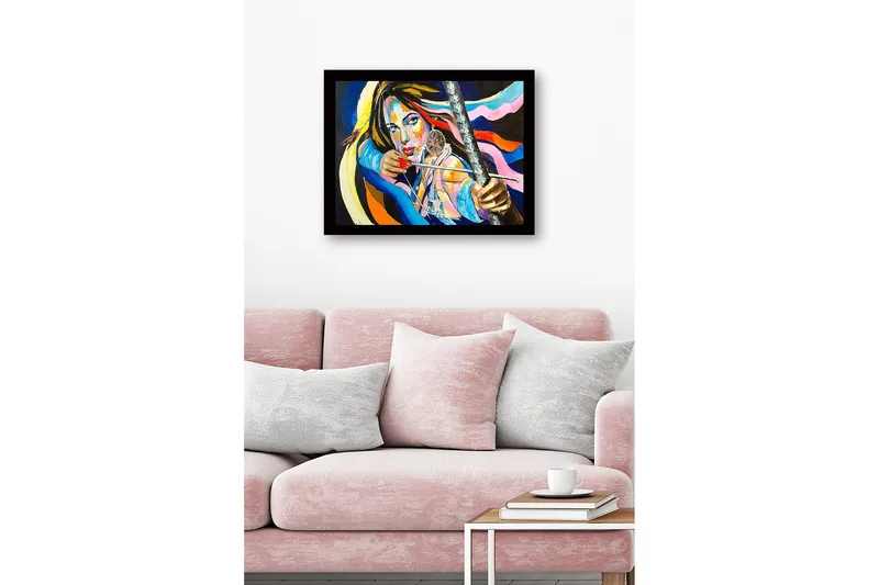 Kehystetty puutaulu canvasille - 41x56 cm - Vahva muotokuva naisesta jousi ja nuoli sekä unisieppari kädessä - Sininen / Vaaleanpunainen / Oranssi - Sisustustuotteet - Taulu & taide