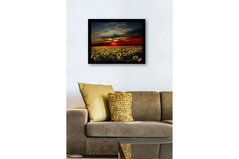 Kehystetty puutaulu canvasille - 41x56 cm - Auringonkukkapelto värikkään auringonlaskun alla - Keltainen / Oranssi / Sininen - Sisustustuotteet - Taulu & taide