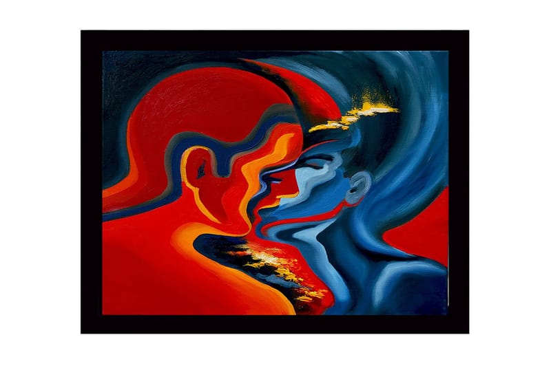 Kehystetty puutaulu - 41x56 cm - Kahden kasvon intohimoinen kohtaaminen intensiivisissä väreissä, Punainen / Sininen / Oranssi