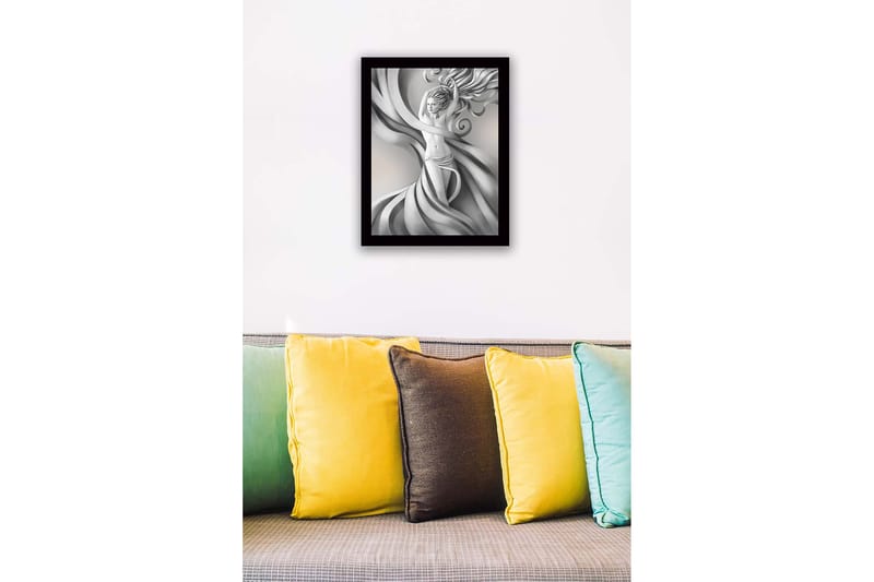 Kehystetty puutaulu canvasille - 41x56 cm - Elegantti hahmo laajoilla verhoilla ja hulmuavilla hiuksilla - Harmaa / Valkoinen / Musta - Sisustustuotteet - Taulu & taide