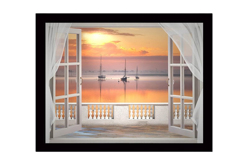 Kehystetty puinen canvas-taulu - 41x56 cm - Kaunis näkymä purjeveneistä auringonlaskun aikaan avoimen ikkunan läpi, Oranssi / Vaaleanpunainen / Sininen