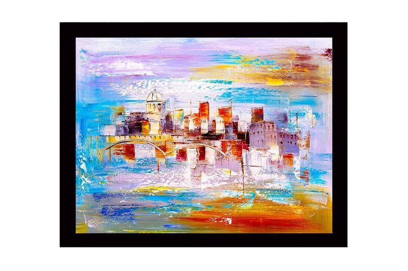 Kehystetty puutaulu canvasille - 41x56 cm - Värikäs kaupunkikuva sillan ja rakennusten siluetteina, Sininen / Oranssi / Violetti