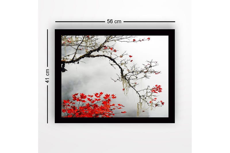 Kehystetty puutaulu canvasille - 41x56 cm - Kaunis oksa punaisilla syksynlehdillä sumuista taustaa vasten - Punainen / Harmaa / Ruskea - Sisustustuotteet - Taulu & taide