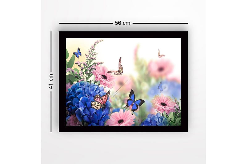 Kehystetty puutaulu canvasille - 41x56 cm - Värikäs kokoelma kukkia ja lennossa olevia perhosia - Sininen / Vaaleanpunainen / Vihreä - Sisustustuotteet - Taulu & taide