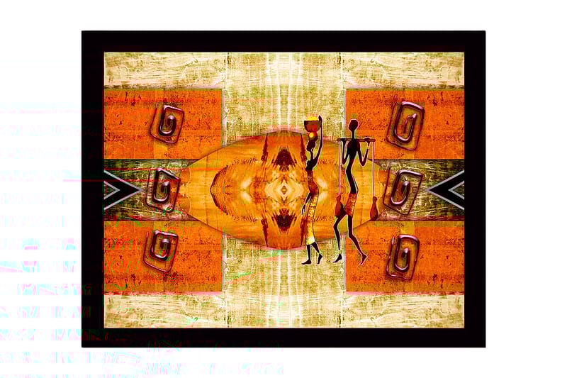 Kehystetty puukangas - 41x56 cm - Abstrakti maisema tyylitellyistä hahmoista, jotka kantavat vesiruukkuja, Oranssi / Musta / Beige