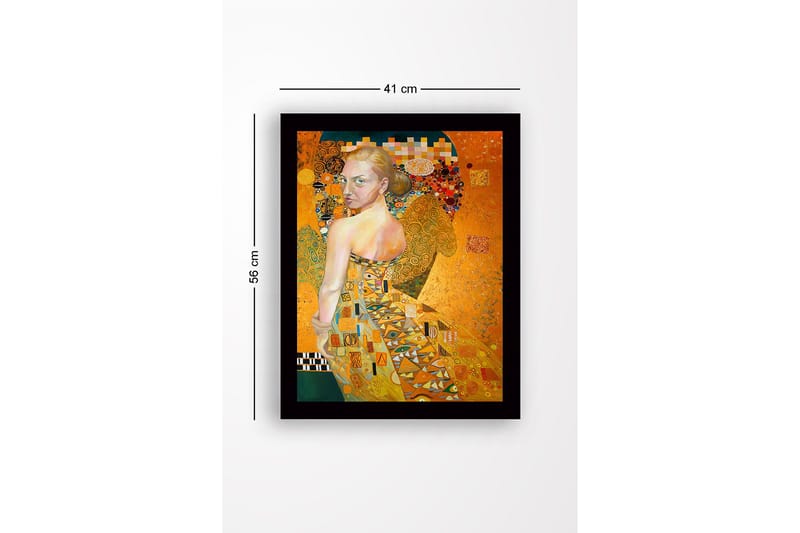 Kehystetty puutaulu canvasille - 41x56 cm - Muotokuva naisesta kultaisessa mekossa ja yksityiskohtaisissa kuvioissa - Kulta / Beige / Vihreä - Sisustustuotteet - Taulu & taide