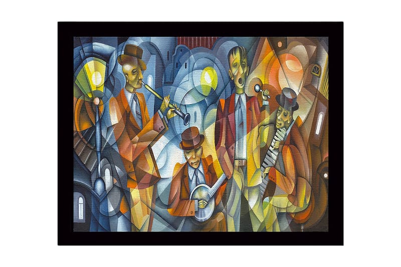 Kehystetty puucanvas - 41x56 cm - Musiikkiesitys neljän värikkäissä vaatteissa olevan muusikon kanssa, Tummansininen / Oranssi / Keltainen