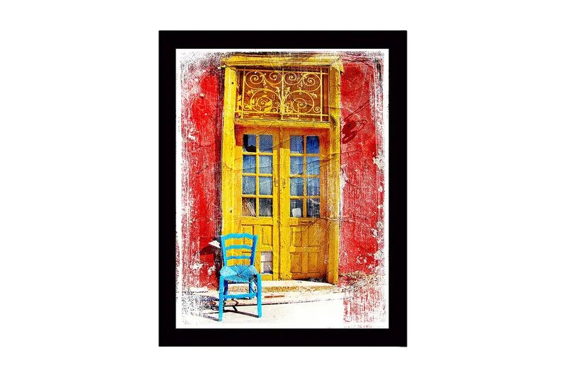 Kehystetty puinen canvas-taulu - 41x56 cm - Kultainen ovi ja sininen tuoli edessä punaisella seinällä, Keltainen / Sininen / Punainen