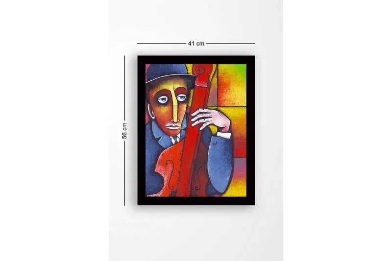 Kehystetty puutaulu canvasille - 41x56 cm - Muusikko kontrabasson kanssa värikkäässä sommitelmassa - Punainen / Sininen / Keltainen - Sisustustuotteet - Taulu & taide