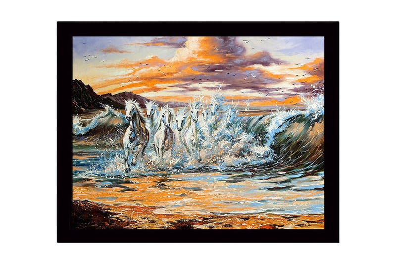 Kehystetty puinen canvas-taulu - 41x56 cm - Ylenpalttiset hevoset laukkaamassa aaltojen läpi auringonlaskun aikaan, Valkoinen / Sininen / Oranssi
