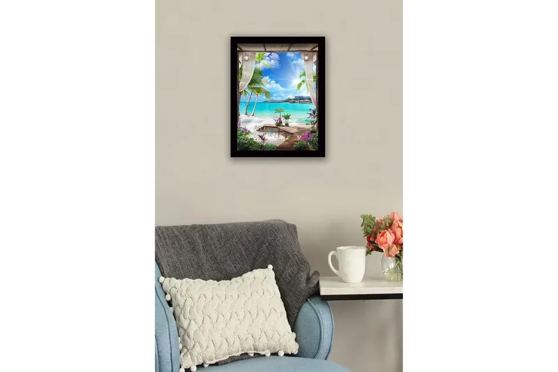 Kehystetty puutaulu canvasille - 41x56 cm - Trooppinen näkymä palmuilla ja kirkkaansinisellä merellä - Turkoosi / Vihreä / Violetti - Sisustustuotteet - Taulu & taide