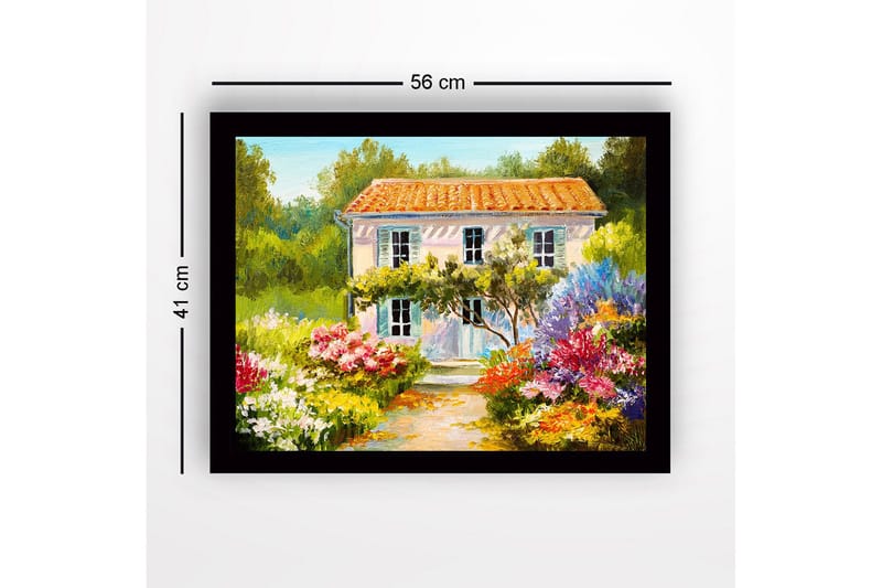Kehystetty puutaulu canvas-taululla - 41x56 cm - Kaunis huvila kukkivan puutarhan ympäröimänä - Vihreä / Vaaleanpunainen / Keltainen - Sisustustuotteet - Taulu & taide
