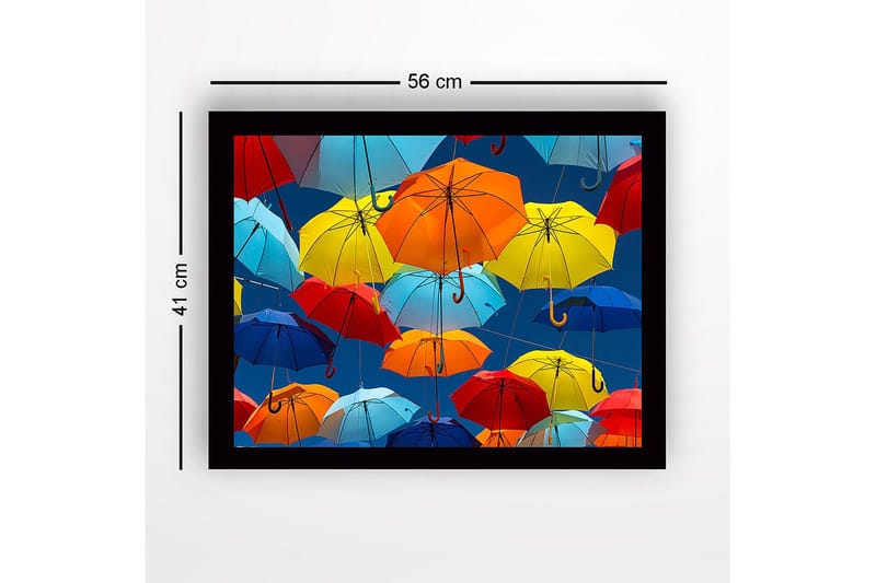 Kehystetty puutaulu canvasille - 41x56 cm - Värikkäät sateenvarjot leijuvat ilmassa - Sininen / Punainen / Keltainen - Sisustustuotteet - Taulu & taide
