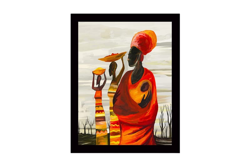 Kehystetty puukangas - 41x56 cm - Kolme naista kantamassa kulhoja ja lapsia värikkäässä ja ilmeikkäässä sommitelmassa, Punainen / Oranssi / Keltainen