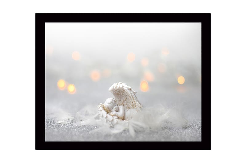 Kehystetty puutaulu canvasille - 41x56 cm - Suloinen enkeli lepää höyhenpedissä, Valkoinen / Vaaleanharmaa / Kulta