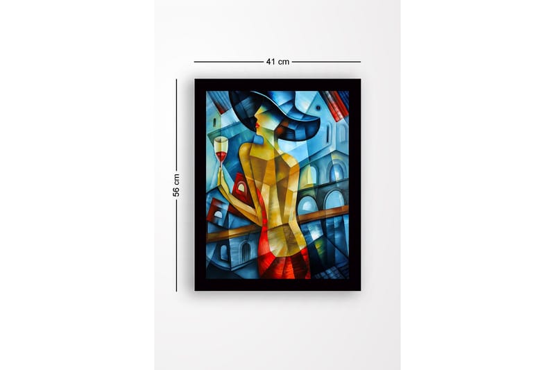 Kehystetty puutaulu canvasille - 41x56 cm - Elegantti nainen viinilasin kanssa värikkäässä ympäristössä - Sininen / Punainen / Keltainen - Sisustustuotteet - Taulu & taide