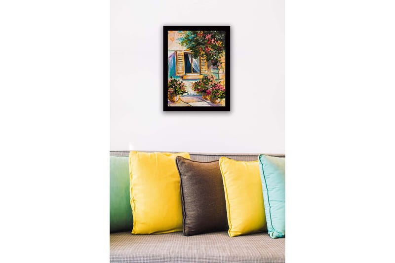 Kehystetty puutaulu canvasille - 41x56 cm - Ikkuna kukkaruukuilla aurinkoisessa ympäristössä - Vihreä / Vaaleanpunainen / Keltainen - Sisustustuotteet - Taulu & taide