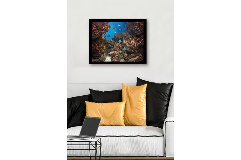 Kehystetty puinen canvas-taulu - 41x56 cm - Värikäs vedenalainen kohtaus koralliriutalla ja uivilla kaloilla - Sininen / Oranssi / Vihreä - Sisustustuotteet - Taulu & taide