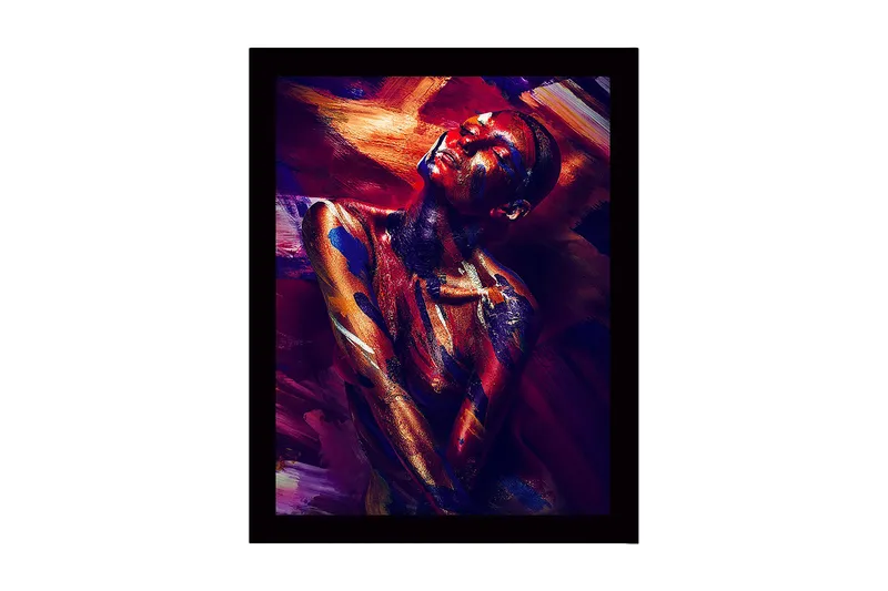 Kehystetty puucanvas - 41x56 cm - Värikäs muotokuva alastonmallista abstraktilla vartalomaalauksella, Tummanpunainen / Sininen / Kulta