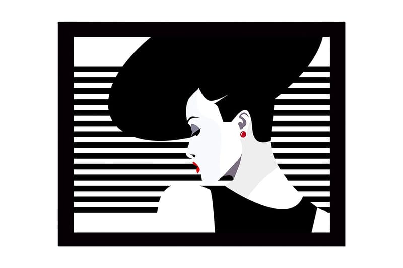 Kehystetty puutaulu canvasille - 41x56 cm - Tyylitelty nainen, jolla on suuret hiukset ja punaiset huulet, Musta / Valkoinen / Punainen