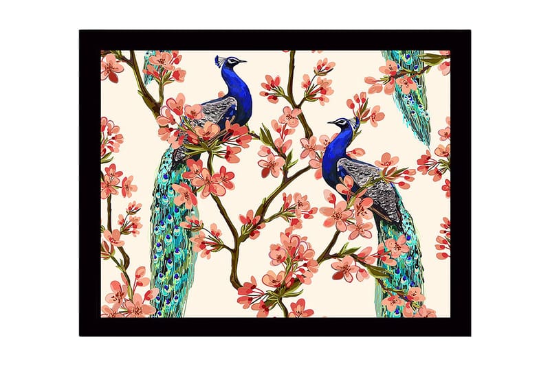 Kehystetty puucanvas - 41x56 cm - Riikinkukkoja kukkien oksien keskellä, Sininen / Vaaleanpunainen / Vihreä