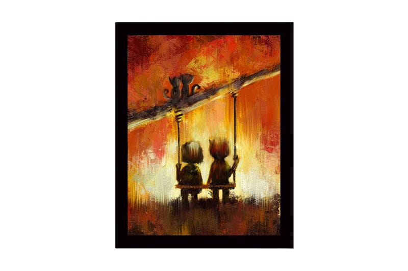 Kehystetty puinen canvas-taulu - 41x56 cm - Kaksi lasta keinumassa yhdessä värikkään taivaan alla, Punainen / Oranssi / Musta