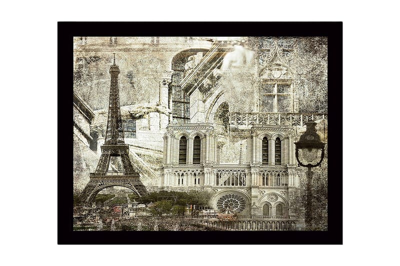 Kehystetty puinen canvas-taulu - 41x56 cm - Pariisin kaupunkikuva ikonisine rakennuksineen, Harmaa / Musta / Valkoinen